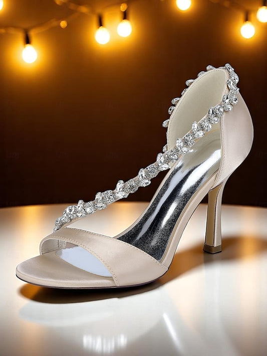 Champagne Crystal Satin High T-Strap Women's Heels with –