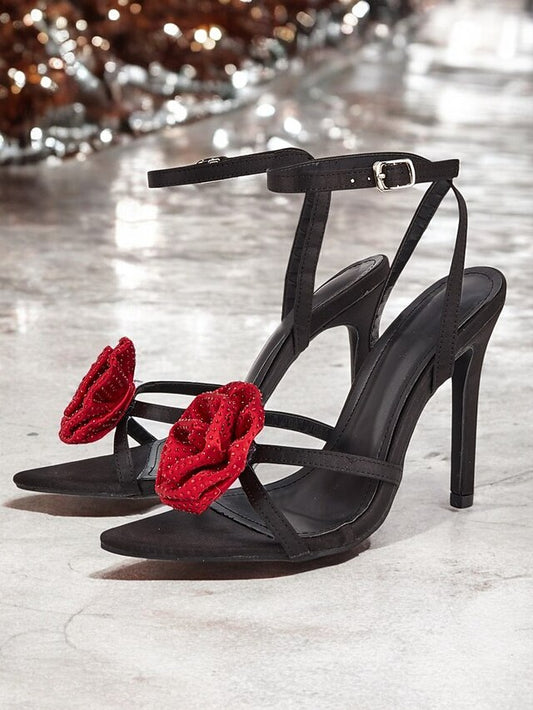 Sandals Black with Embellishments - High Red Heel Floral Chic