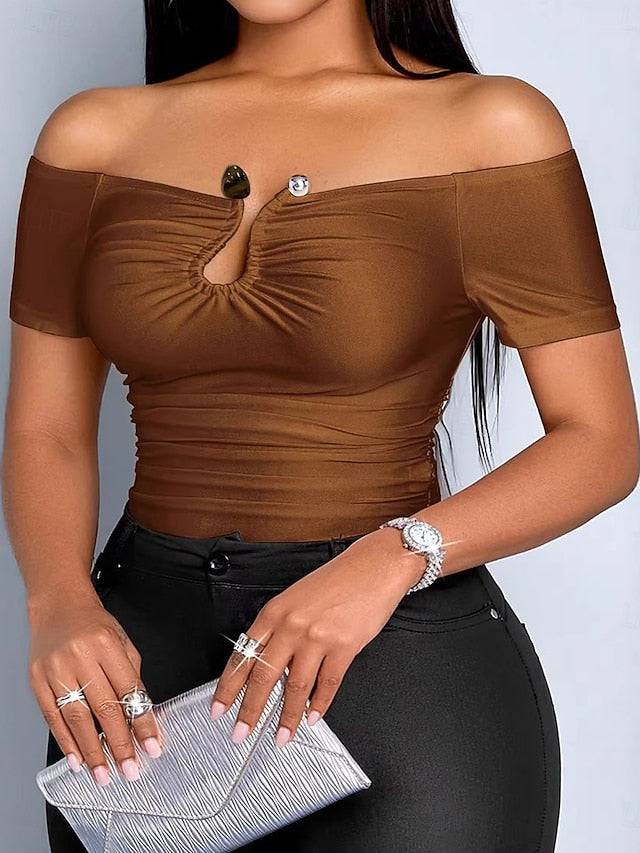 Women's Blouse Ruched Patchwork Plain Stylish Sexy Short