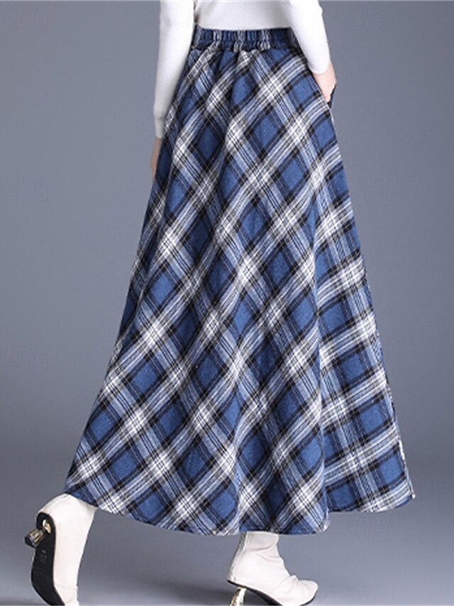 Women's Elegant Retro Vintage Maxi High Waist Skirts Plaid