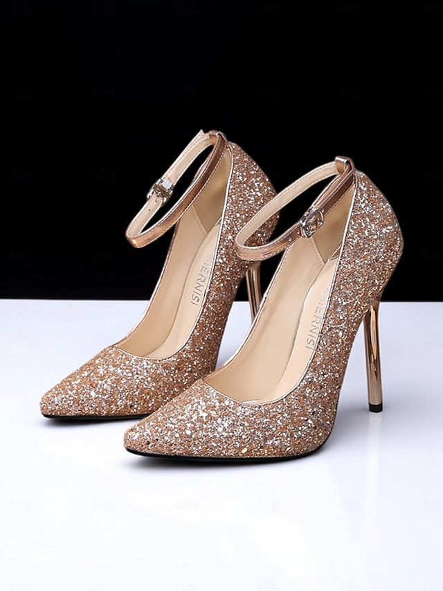 Glitter Heels Women's Pointed – Gold Stiletto Sparkly Toe