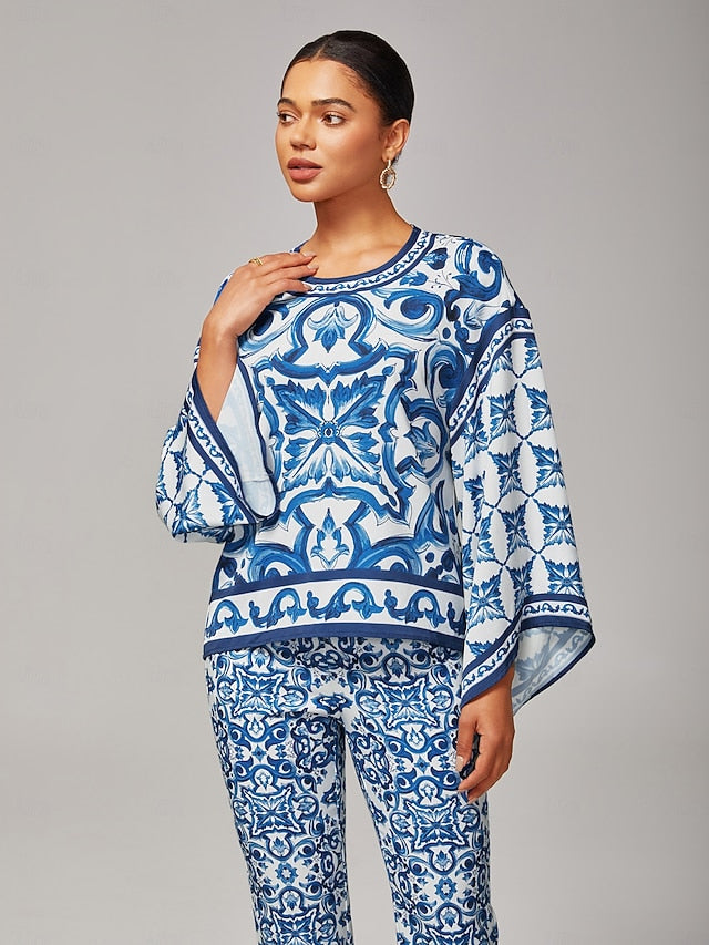 Women's Blue and White Porcelain Print Satin Pullover Round