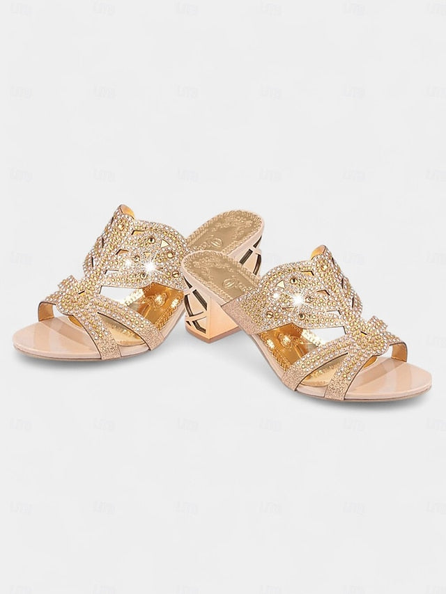 and Heeled Sandals Rhinestone Gold Embellished - Green