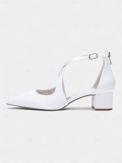 Women's Heels Ivory Elegant Pointed Satin Block Toe -