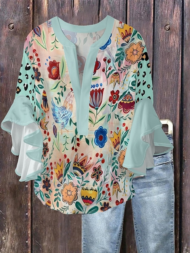 Women's Blouse Ruffle Print Floral Stylish Modern 3/4