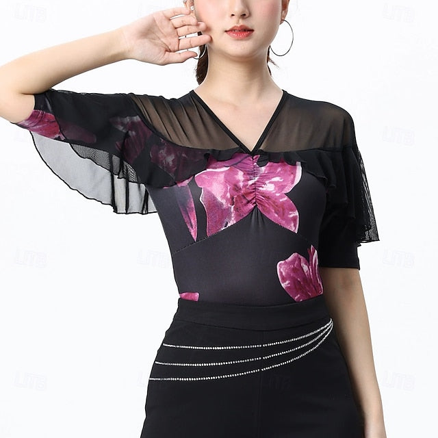 Latin Dance Top Printing Splicing Tulle Women's Performance