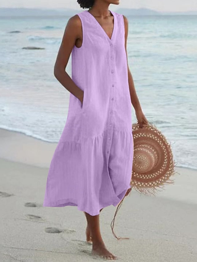 Women's linen like Midi Dress Shift Dress Summer Dress