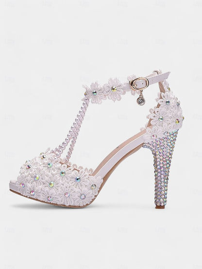 Bridal Lace Floral - Sandals Pearl-Decorated T-Strap White