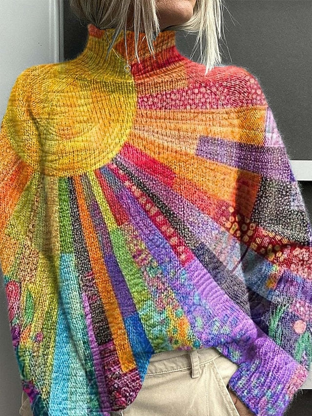 Women's Sweater Casual Soft Floral Ribbed Turtleneck