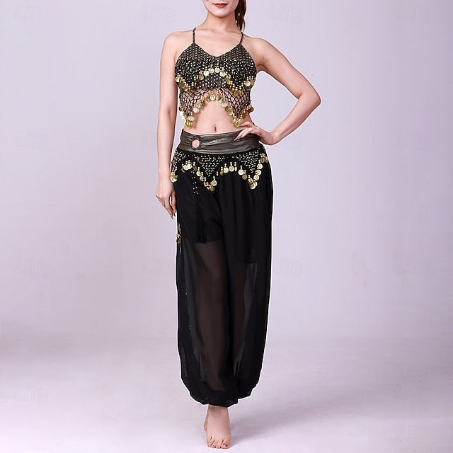 Latin Dance Top Gold Coin Pure Color Splicing Women's