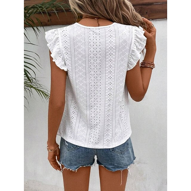 Women's T Shirt Tee Top Ruffle Eyelet Plain Fashion Stylish