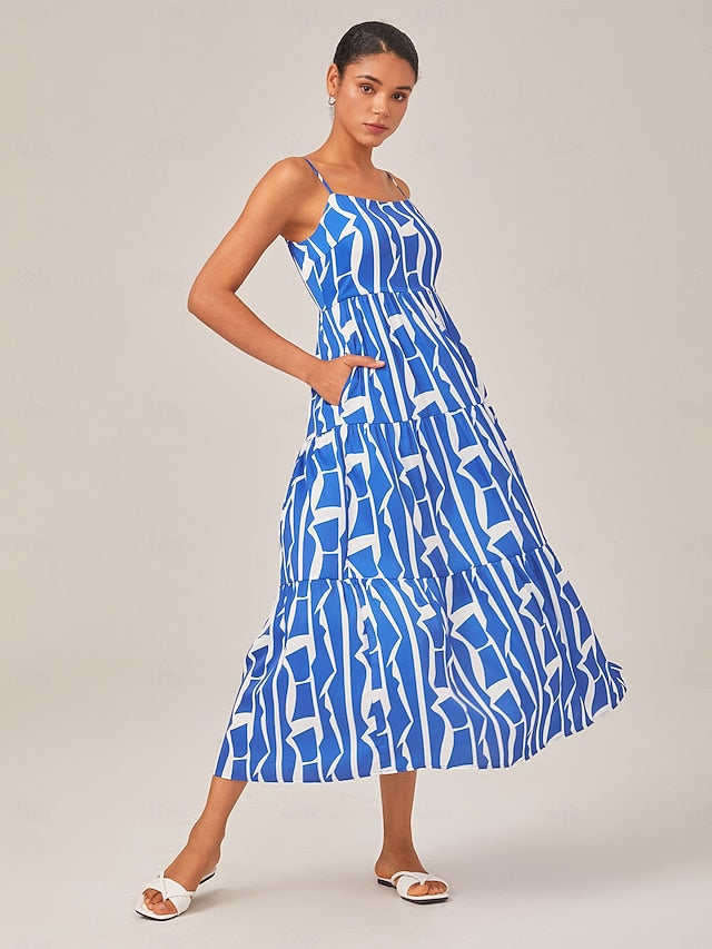 Blue Geometric Pattern Spaghetti Strap Dress