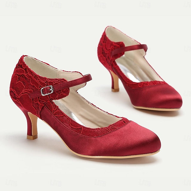 Satin Comfortable - Heels Elegant Red Women's Lace Mid-Heel