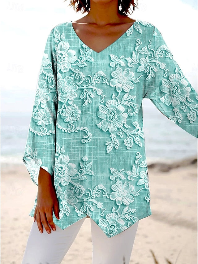 Women's Blouse Long Sleeve Asymmetrical Hem 3D Print Floral