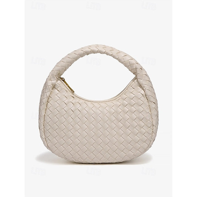 – Leather Round Woven Chic Women's Elegant Ivory Hobo Bag