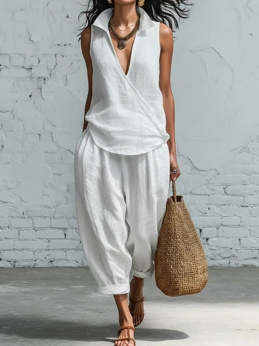 Women's Pants Sets Sleeveless V Neck Solid Color Fashion