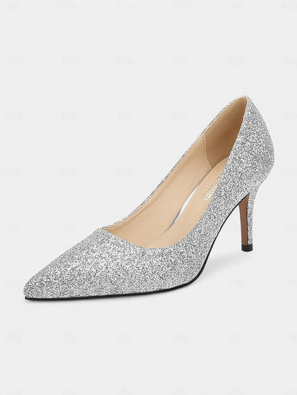 Gold Women's Pointed-Toe Pumps - Sparkly Glitter Stiletto
