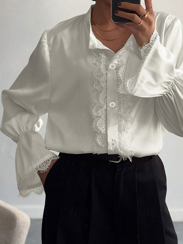 Women's Shirt Elegant Satin Top Blouse Patchwork Lace Trim