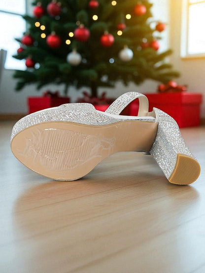 High Heel Women's - Platform Silver Sandals Ankle Glitter