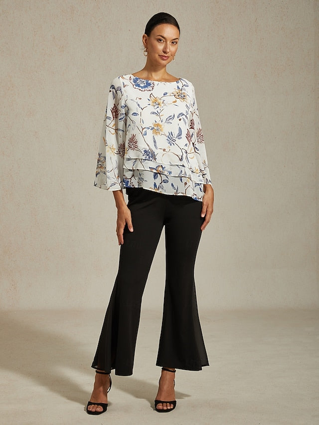 Women's Blouse Floral Print Layered Bell Sleeves Loose Fit