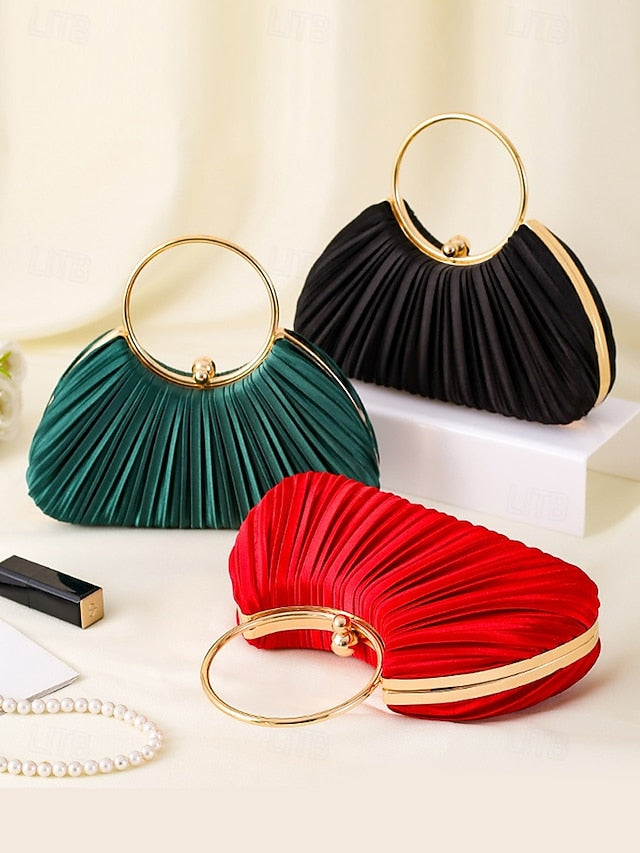 Gold Clutch Velvet Handle with Pleated - Elegant Ring Green