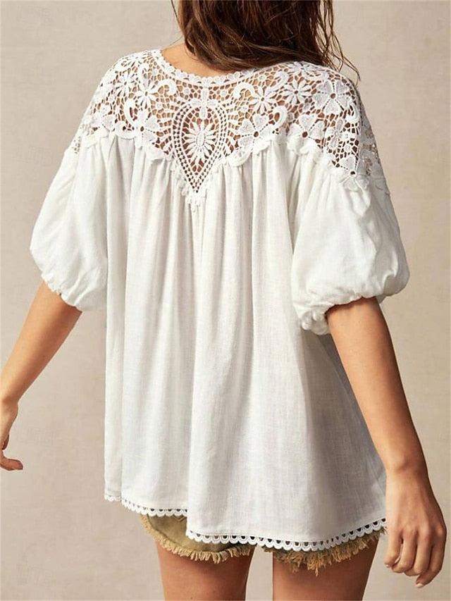 Women's Summer Tops Blouse Lace Tops Ruched Lace Patchwork