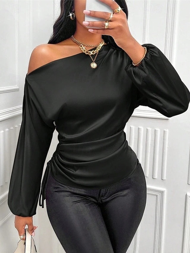 Women's Shirt Elegant Dressy Satin Top Asymmetric Plain