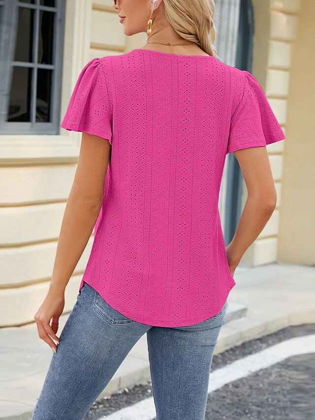 Women's Blouse Eyelet Solid Color Stylish Casual Short