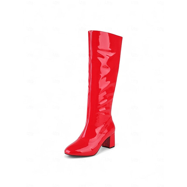 Red Heel Leather High with Boots Women's Block Knee Patent