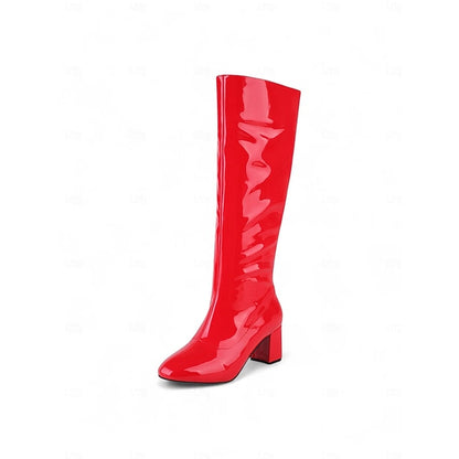 Red Heel Leather High with Boots Women's Block Knee Patent