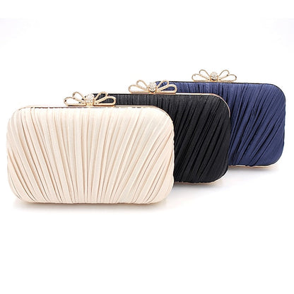Bow Pleated Clutch Elegant Bag White Rhinestone Women's –