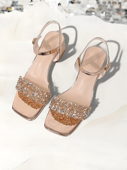 Gold Block Wedding Heel Rhinestone for Sandals – Women Elegant