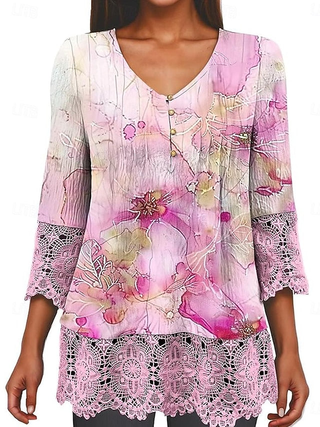 Women's Elegant Lace Tops Eyelet Blouse Casual Ombre Floral