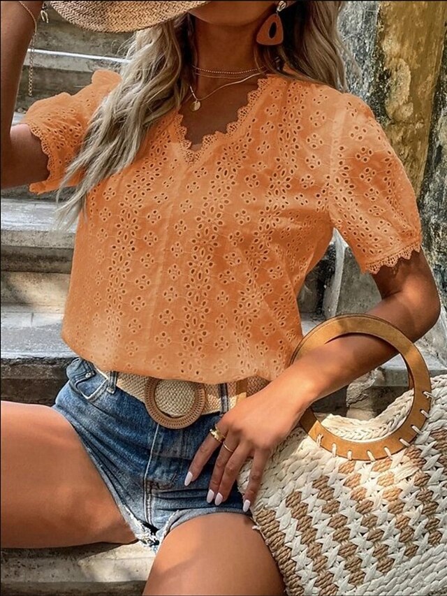 Women's Lace Splicing Top Blouse Lace Buttons Solid Color