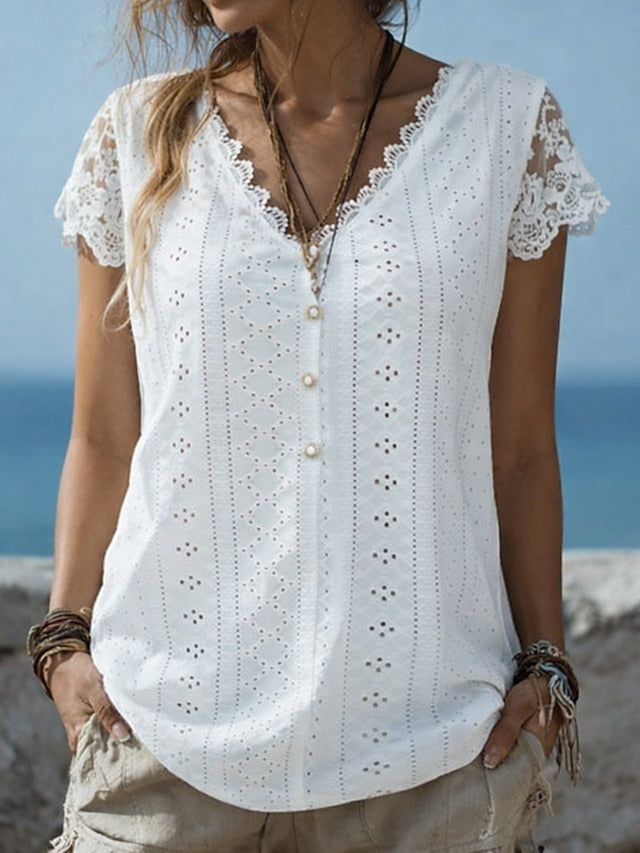 Women's Blouse Lace Eyelet Buttons Solid Color Stylish