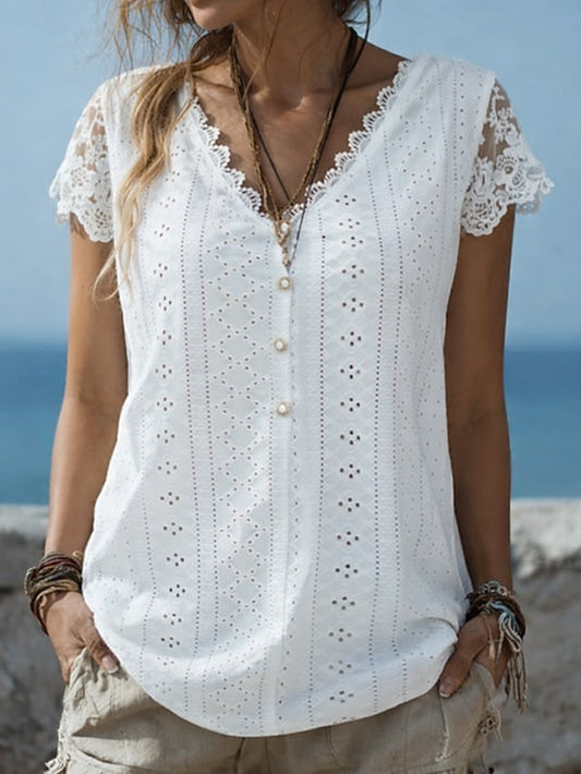 Women's Blouse Lace Eyelet Buttons Solid Color Stylish