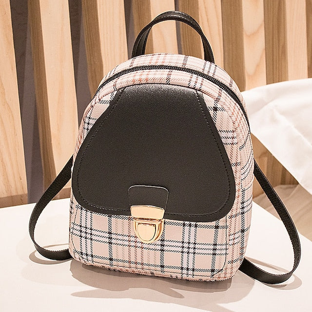 Leather Backpack Mini Buckle – with and Stylish Plaid Flap