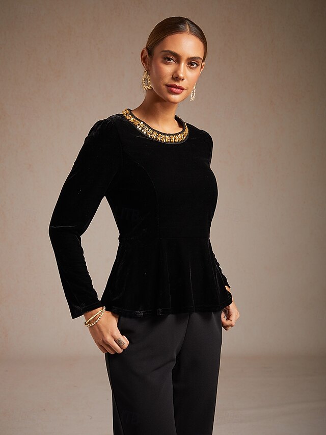 Women's Velvet Blouse Beaded Elegant Crew Neck Regular Tops