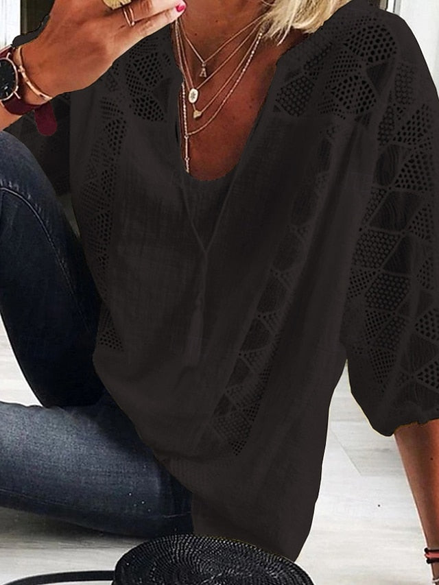 Women's Pointelle Shirt Eyelet Top Blouse Lace Tops Lace
