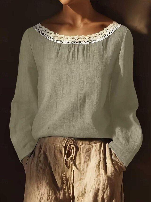 Women's Lace Splicing Top Linen T-Shirt Pleats Solid Color
