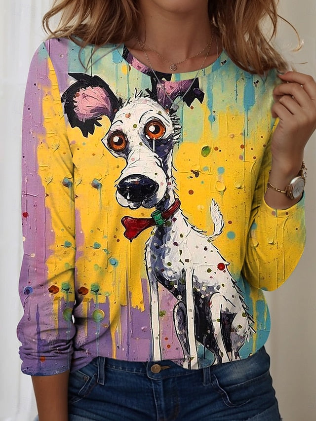 Women's T shirt Crew Neck Long Sleeve Tunic Graphic Animal