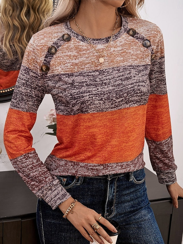 Women's T Shirt Patchwork Buttons Print Striped Fashion