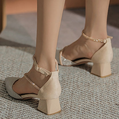 Pointed Ankle Block Toe Women's Heels Mesh Glitter with