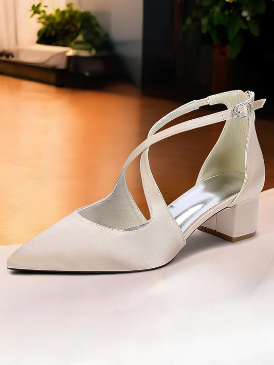 Women's Heels Ivory Elegant Pointed Satin Block Toe -