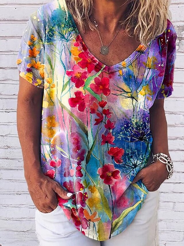Women's T Shirt Print Floral Fashion Modern Long Sleeve V
