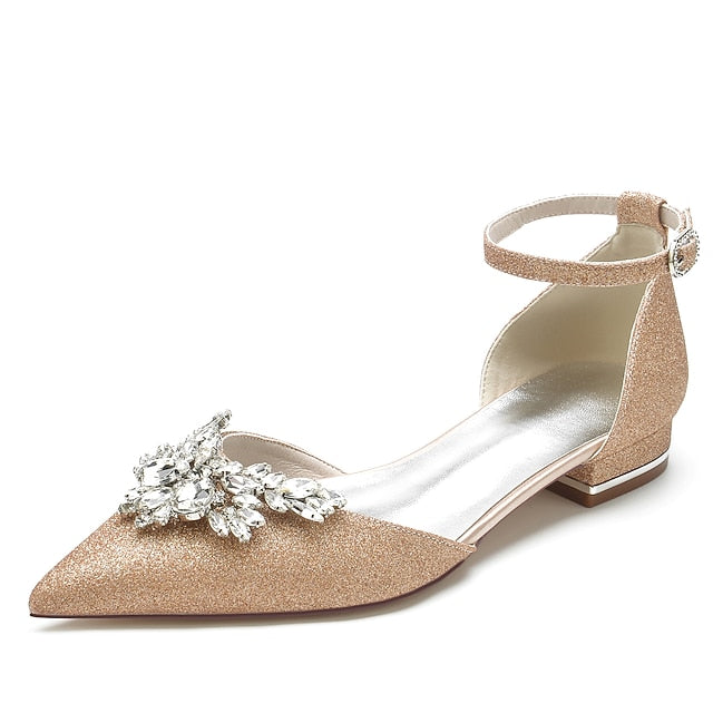 Rhinestone Satin with White Design Flats – Floral Women's