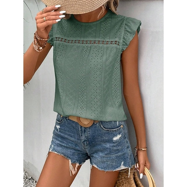 Women's T Shirt Tee Top Ruffle Eyelet Plain Fashion Stylish