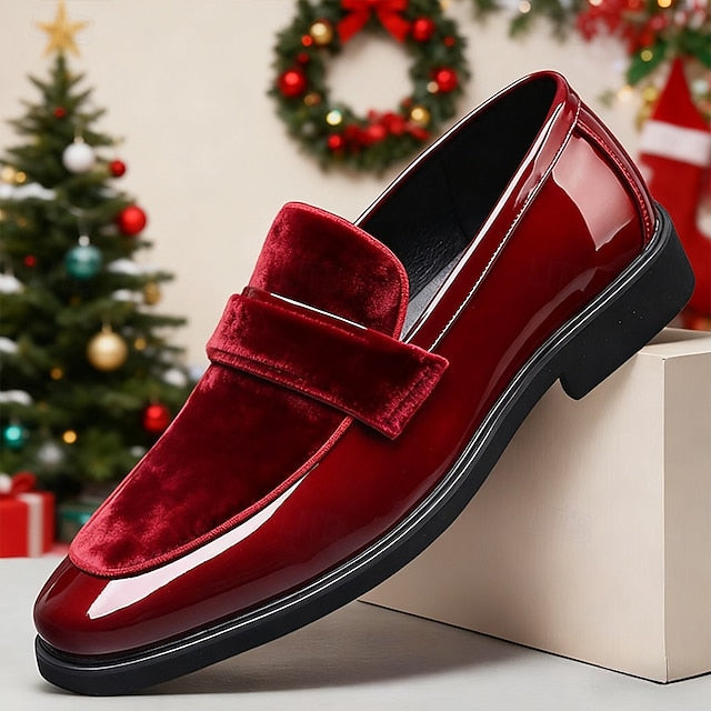 Red Loafers Sleek Leather Men's Velvet with Design Faux –