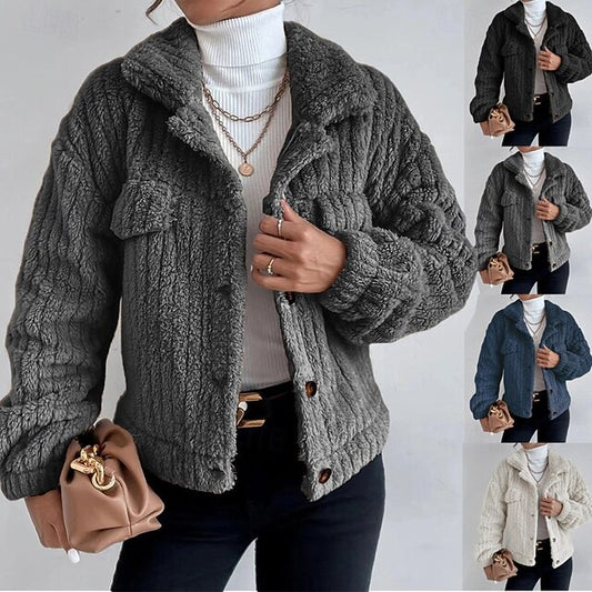Warm Casual Coat Buttons Comfortable Plain Women's Teddy