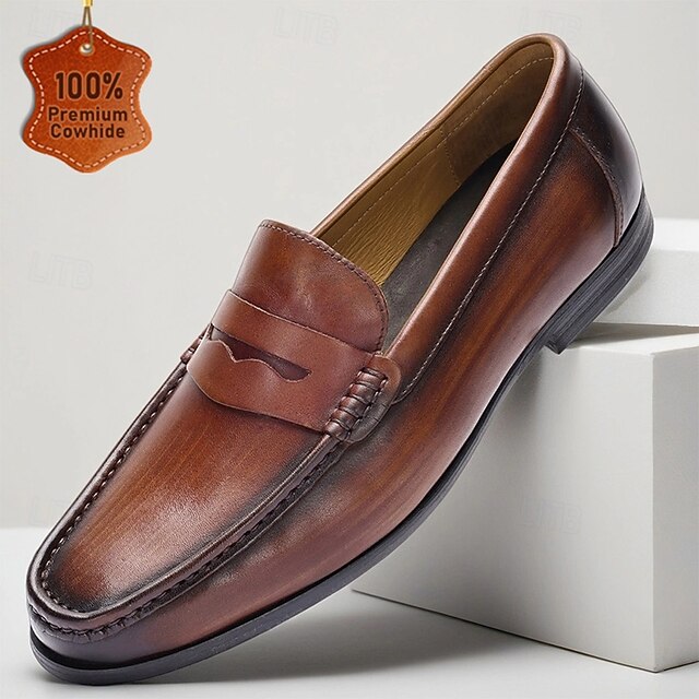 Leather Shoes Brown Penny Slip-On Loafers with Men's
